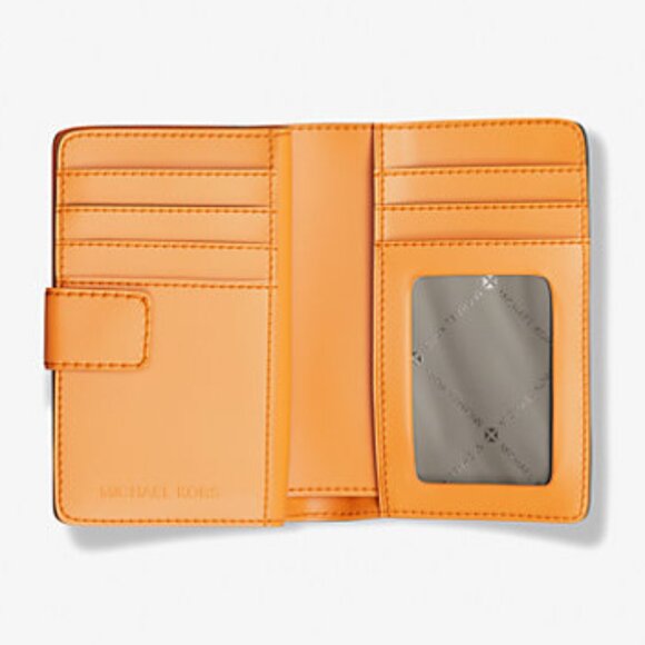 New Michael Kors Jet Set Printed Signature Logo Bi-Fold Medium Wallet Pop Orange - Picture 3 of 5